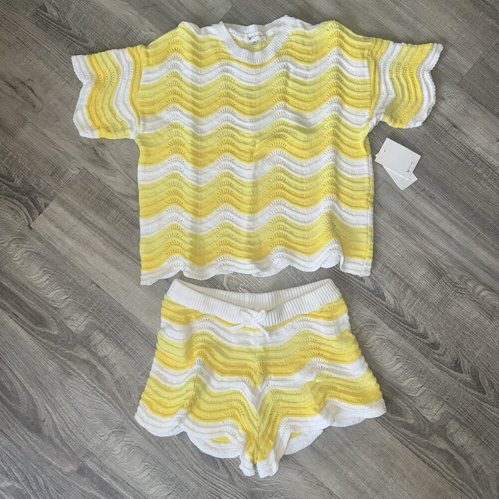 Jessica Simpson Girls XL 14/16 Yellow White Crochet Knit Top Shorts Set NWT